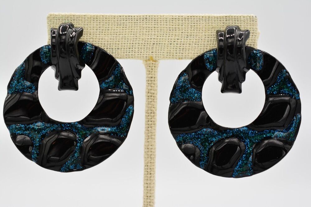 Vintage Enamel Earrings Teal Blue Glitter Black Door Knocker Chunky 1980s BinAB